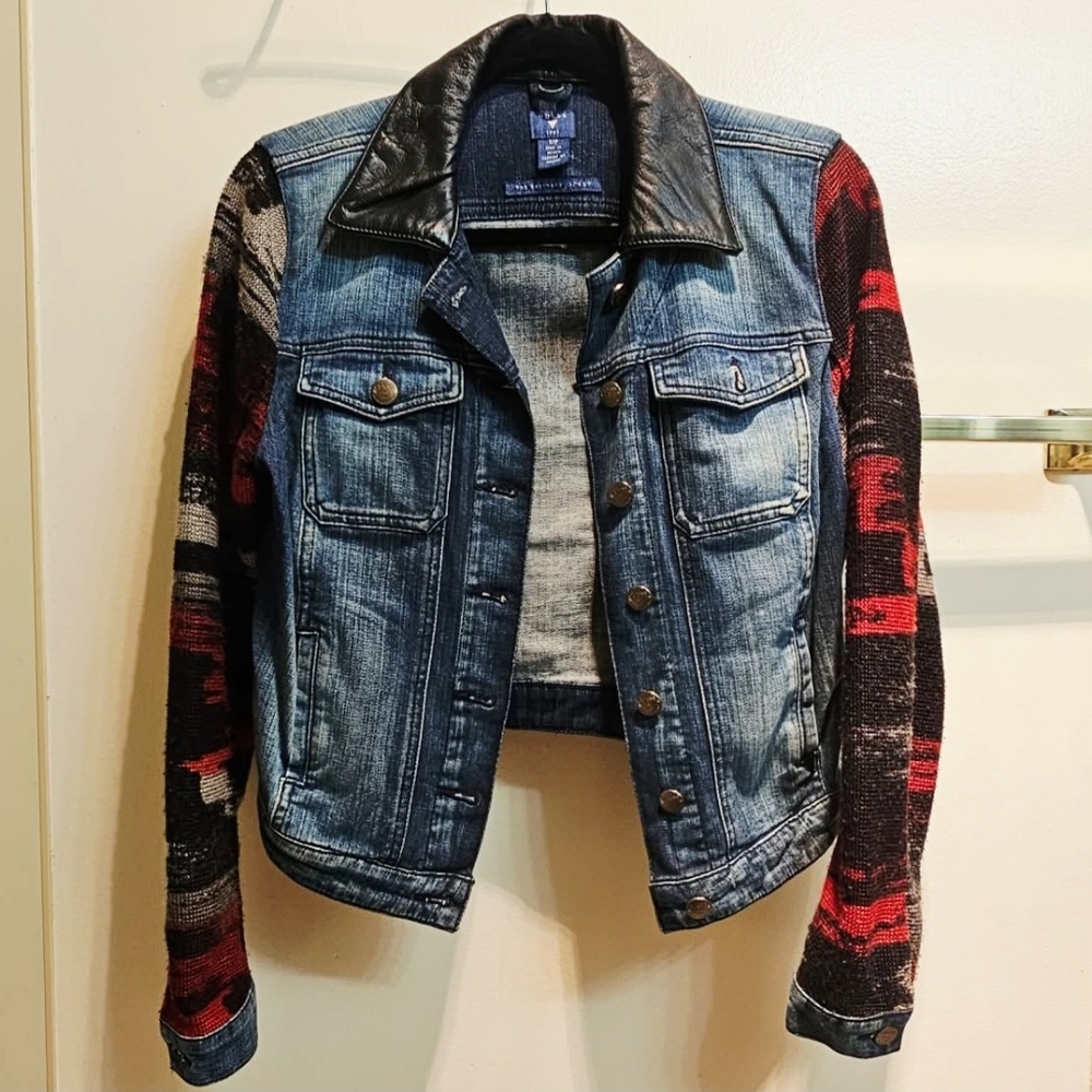 GUESS - Denim Jacket with Leather Collar. Size Small "The Brittney Jacket"